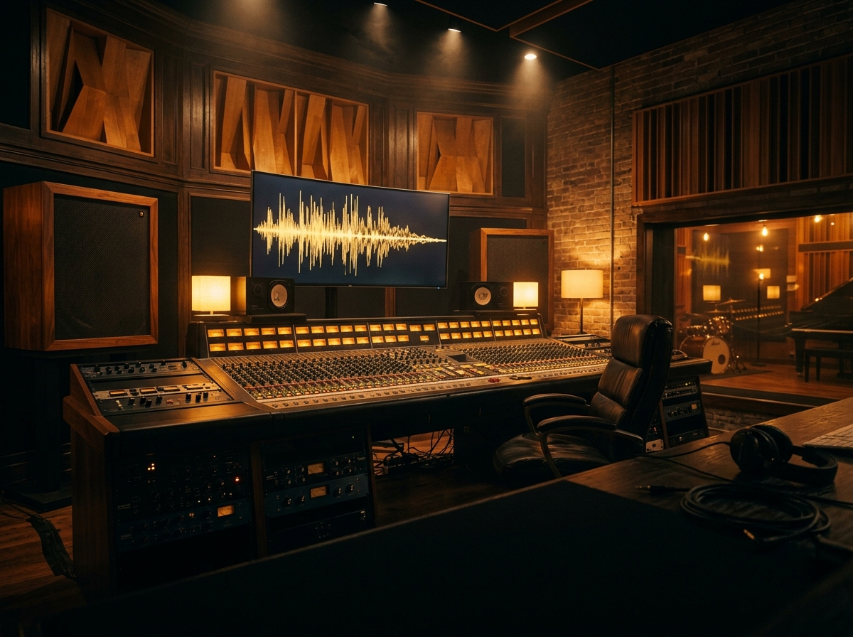 A premium recording studio control room at night — a large analog mixing console glowing with amber VU meters below a curved screen showing a golden waveform.