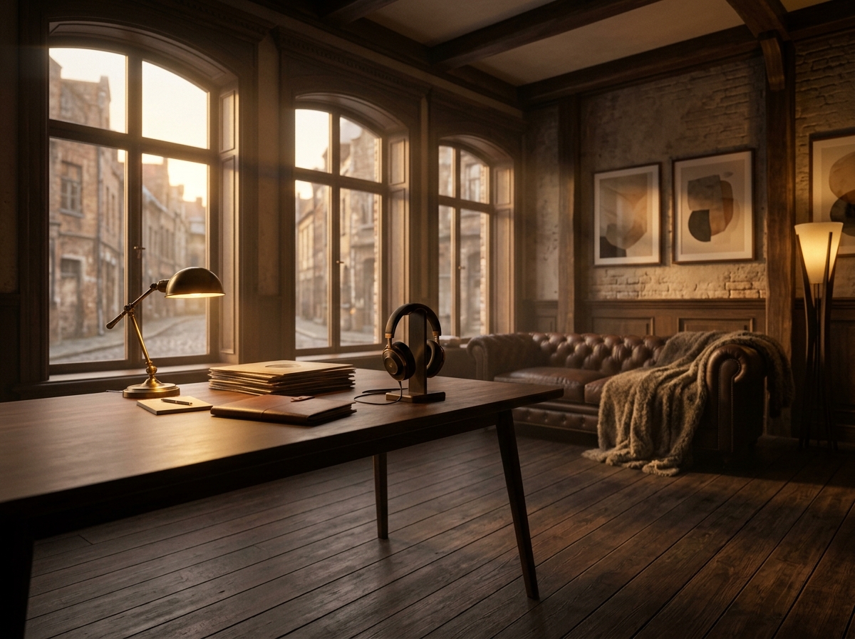 An elegant listening room at golden hour — studio headphones and stacked vinyl on a walnut table beside tall arched windows overlooking a cobblestone lane.