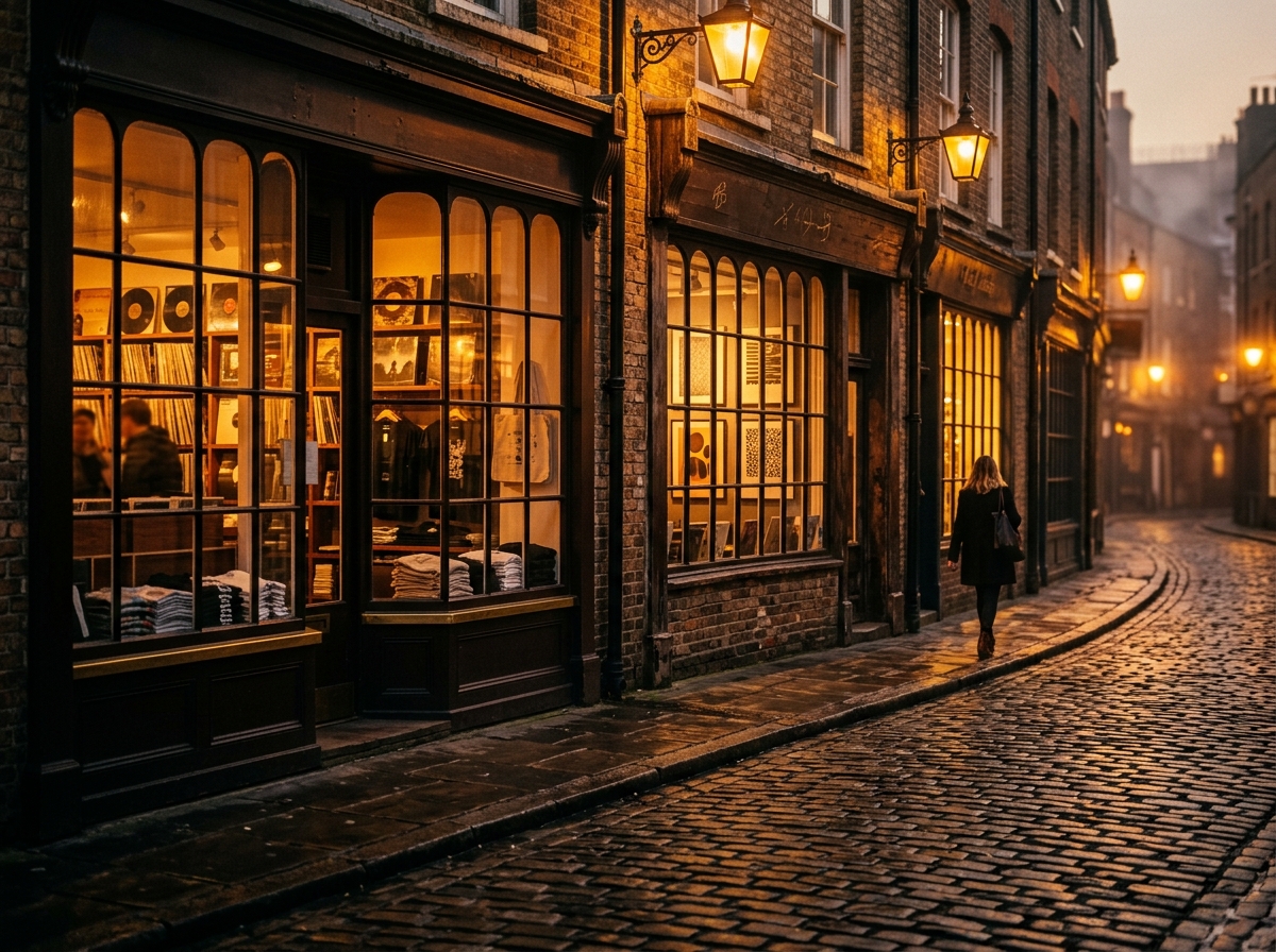A row of independent storefronts along a wet cobblestone lane at dusk — vinyl records and folded printed tees glowing in warm shop windows beneath gas lamps.