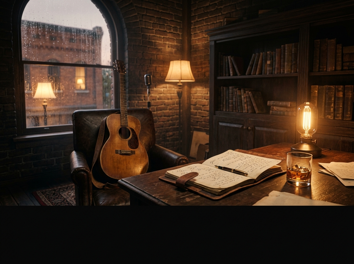 A softly lit writing lounge inside a historic brick building — an acoustic guitar leaning by a leather chair, an open lyric notebook and Edison lamp glowing on a wooden desk.